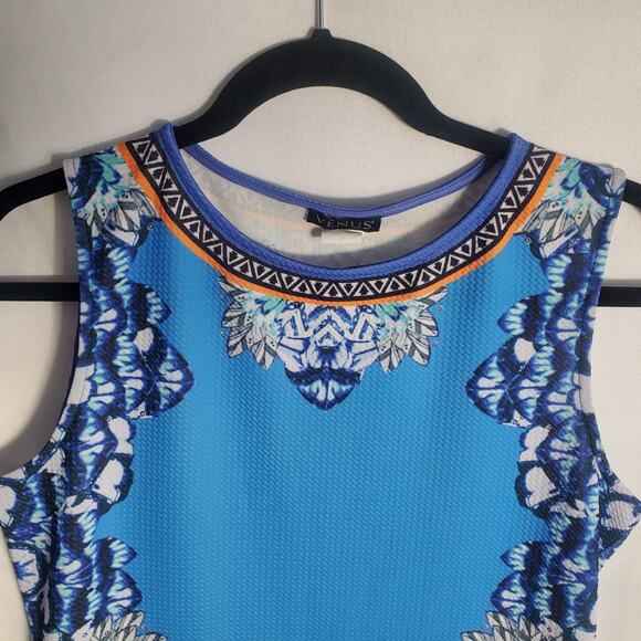 Venus Blue Sleeveless Dress Size L Tribal Print Stretch Bodycon 35" Length - Picture 4 of 9